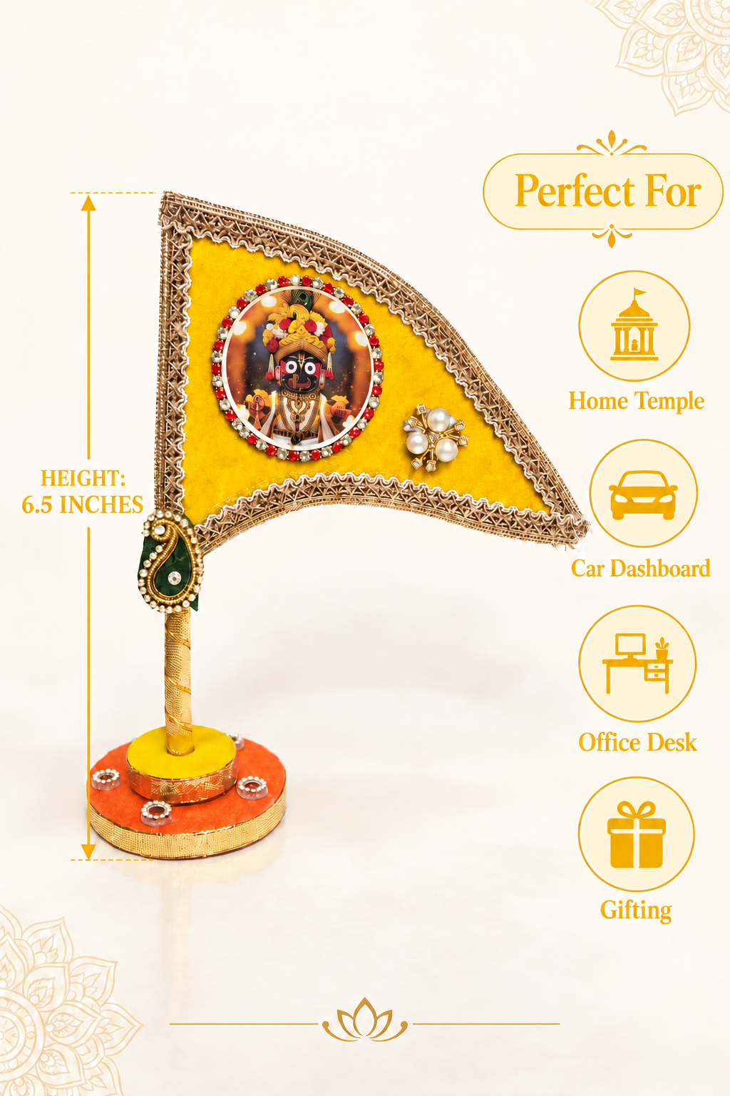 Jagannath Ji yellow tabletop nishan 6.5 inch for temple car office and gifting