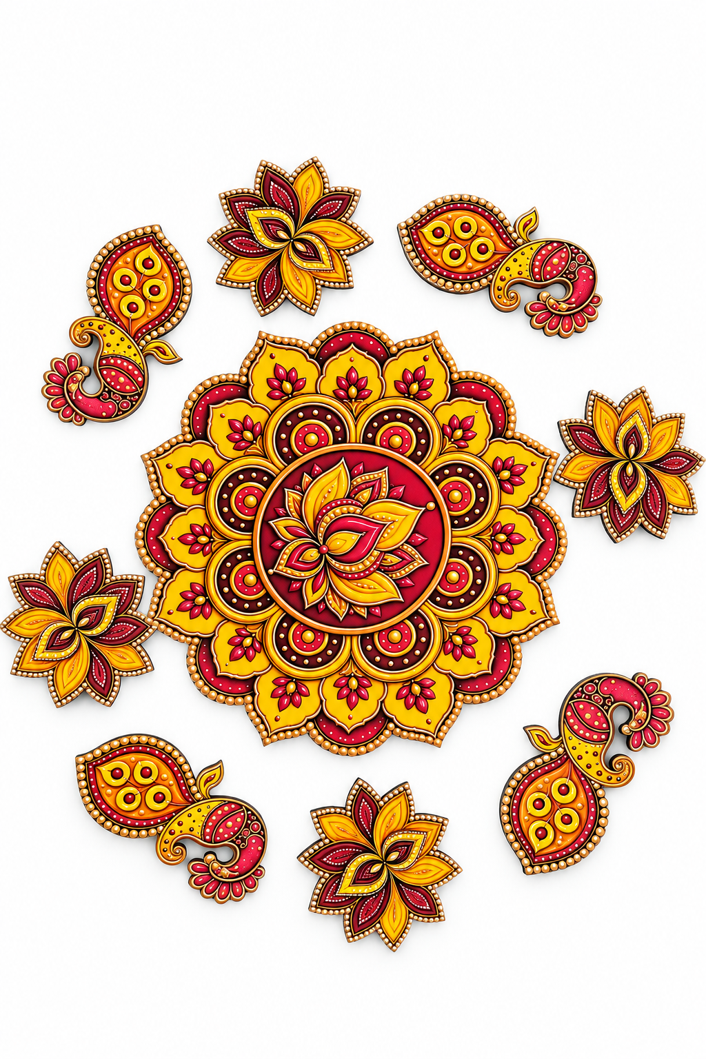 9-piece red and yellow MDF rangoli set with floral centrepiece, four peacocks and four flowers