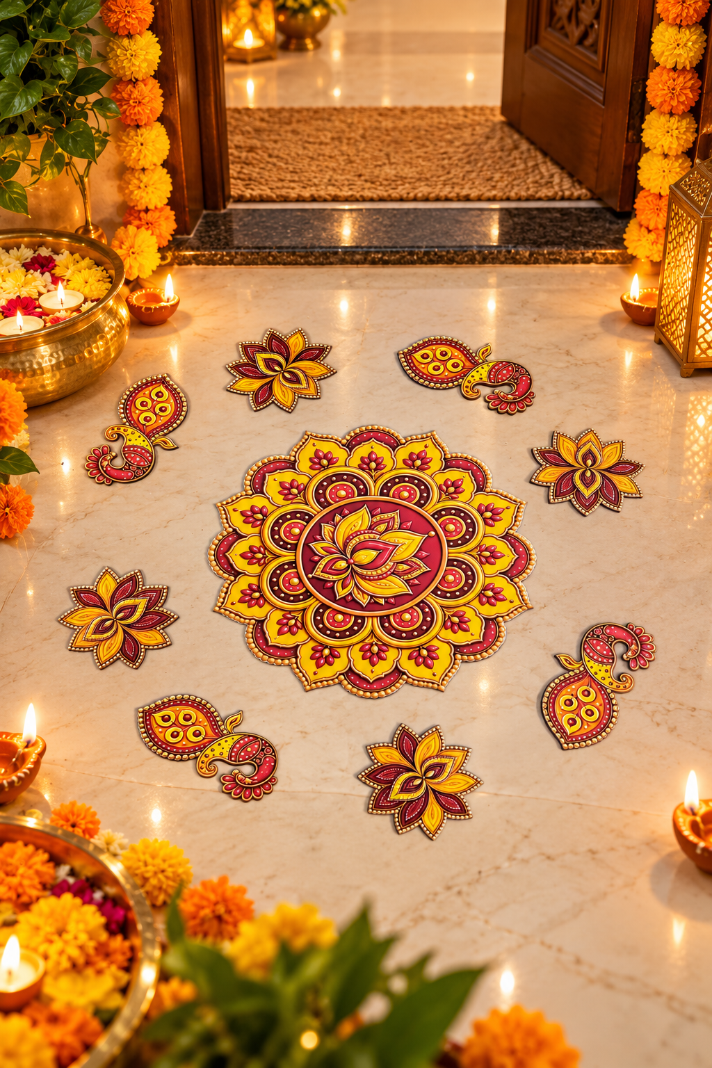 Red and yellow MDF peacock floral rangoli set diwali floor decor; decorative accessories not included