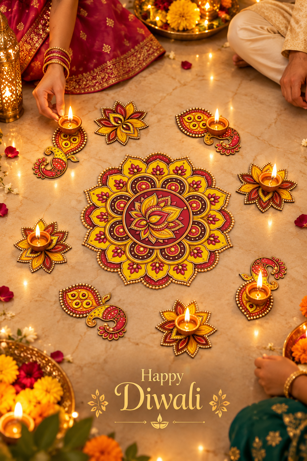 Red and yellow MDF peacock floral rangoli set festive styling; decorative accessories not included