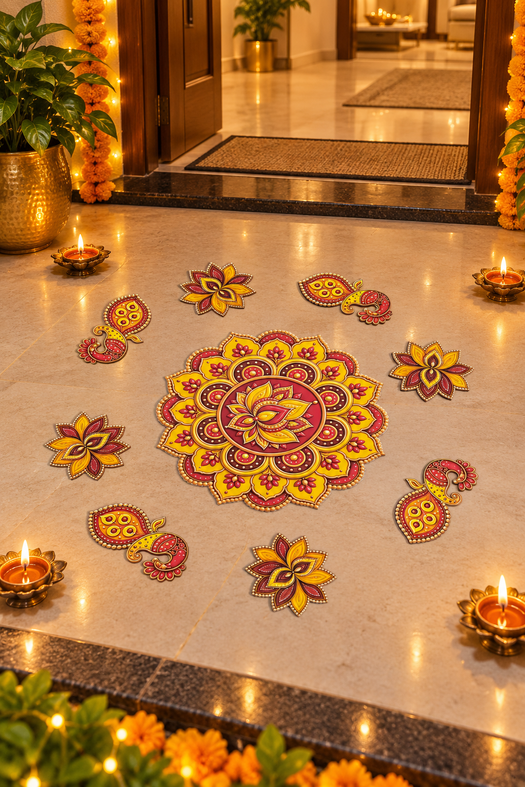 Red and yellow MDF peacock floral rangoli set home entrance; decorative accessories not included