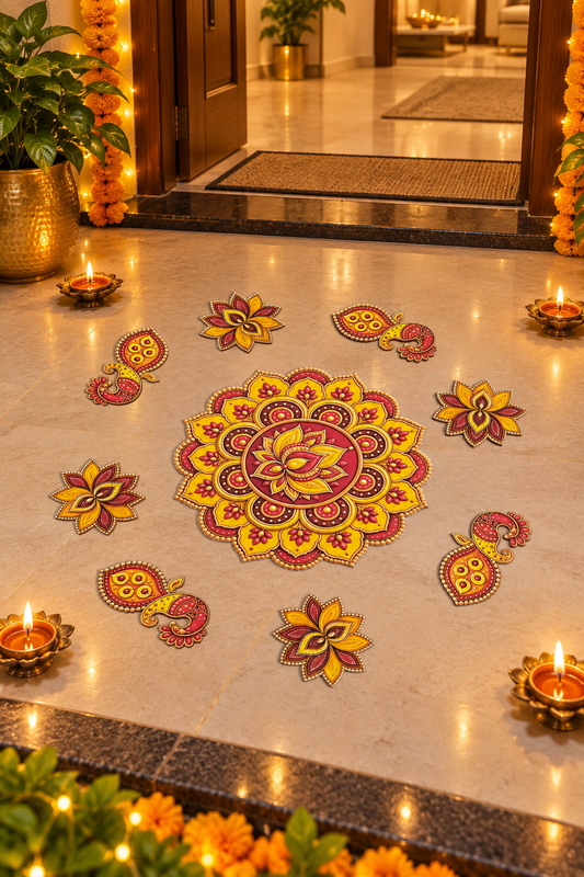 Red and yellow MDF peacock floral rangoli set home entrance; decorative accessories not included