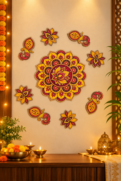 Red and yellow MDF peacock floral rangoli set wall decoration; decorative accessories not included