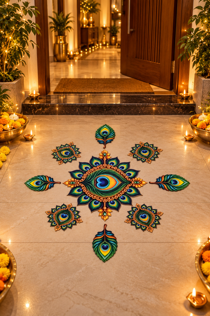Morpankh MDF rangoli set arranged at a home entrance