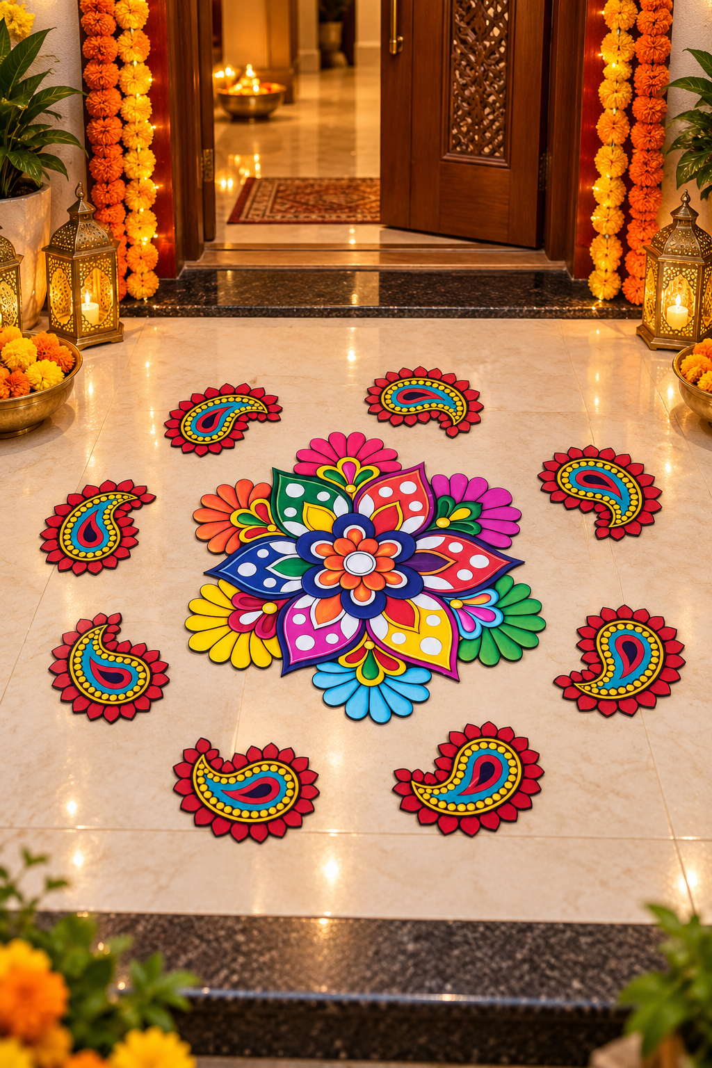 Multicolour floral and paisley MDF rangoli 9-piece set, entrance; diyas and accessories not included
