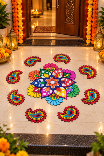 Multicolour floral and paisley MDF rangoli 9-piece set, entrance; diyas and accessories not included