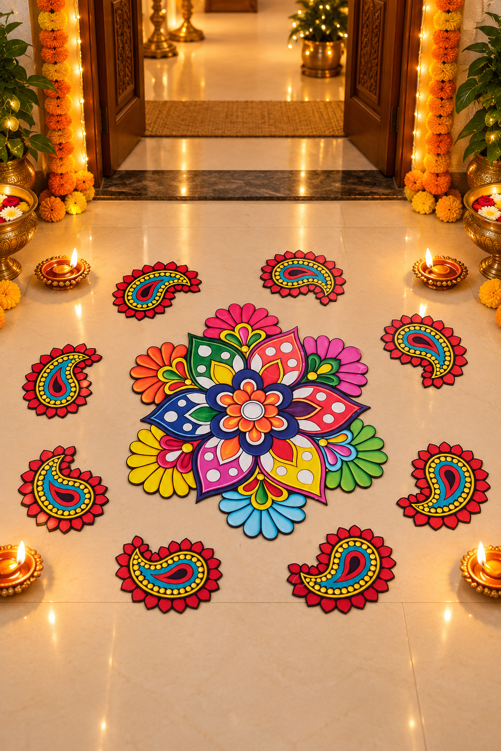 Multicolour floral and paisley MDF rangoli 9-piece set, floor; diyas and accessories not included