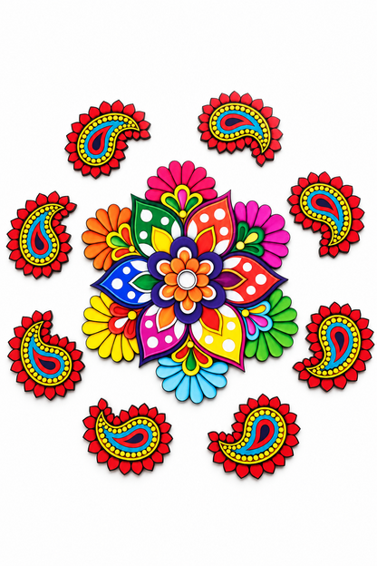 Multicolour floral and paisley MDF rangoli 9-piece set, full-set; diyas and accessories not included