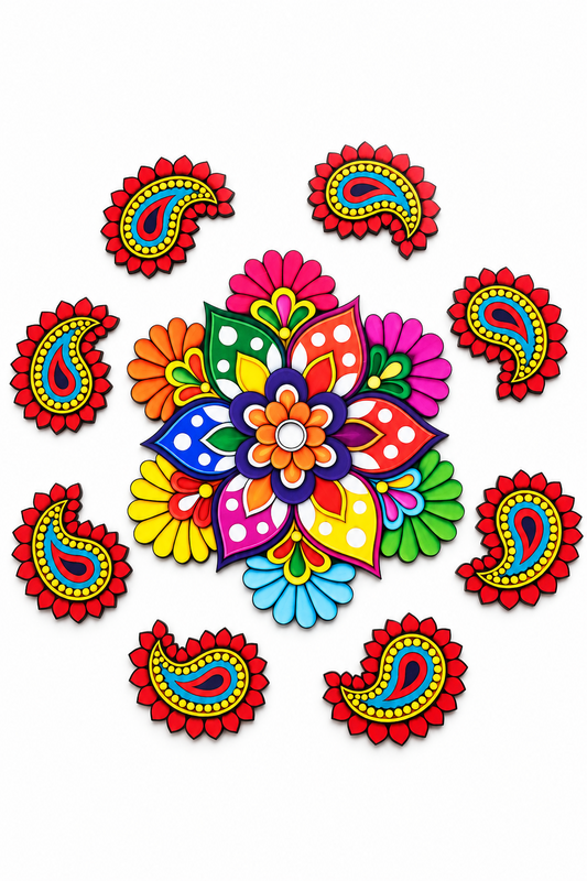 Multicolour floral and paisley MDF rangoli 9-piece set, full-set; diyas and accessories not included
