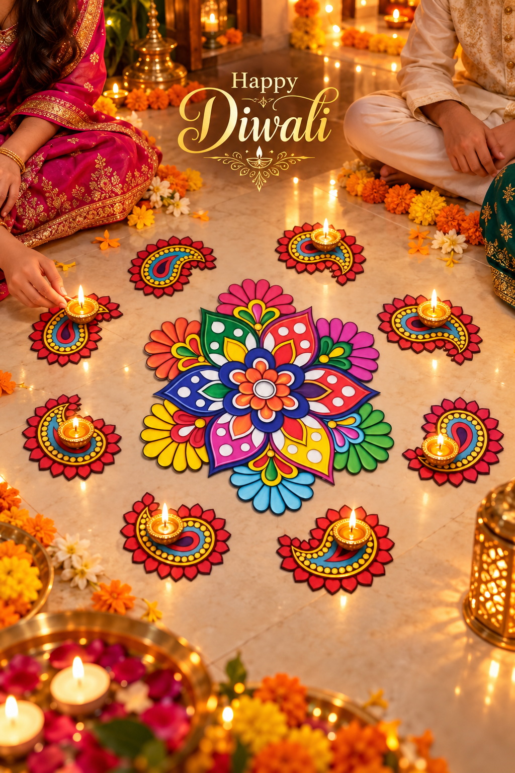 Multicolour floral and paisley MDF rangoli 9-piece set, happy-diwali; diyas and accessories not included