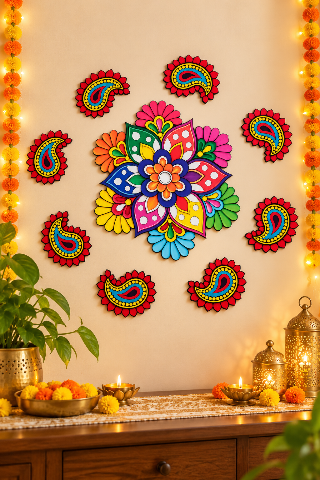 Multicolour floral and paisley MDF rangoli 9-piece set, wall; diyas and accessories not included
