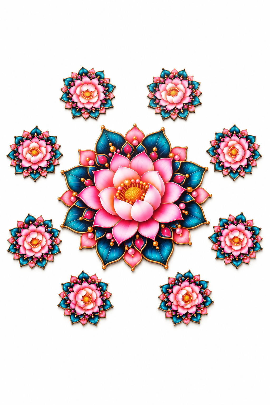 Pink lotus and teal leaf MDF rangoli complete set; diyas and accessories not included