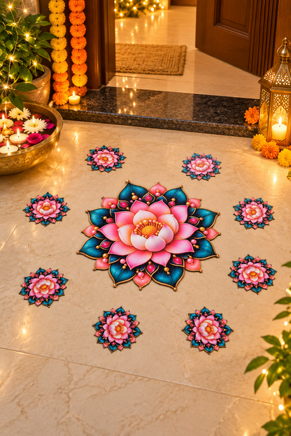 Pink lotus and teal leaf MDF rangoli entrance; diyas and accessories not included