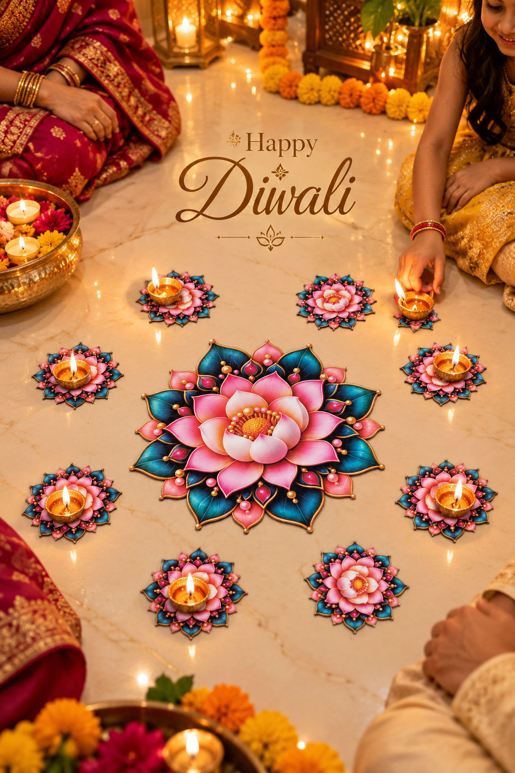 Pink lotus and teal leaf MDF rangoli happy diwali; diyas and accessories not included