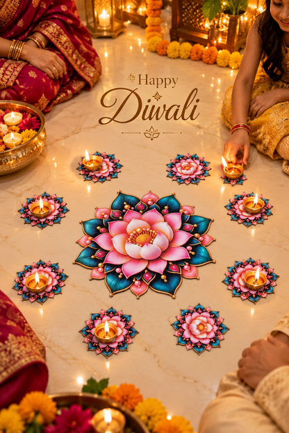 Pink lotus and teal leaf MDF rangoli happy diwali; diyas and accessories not included