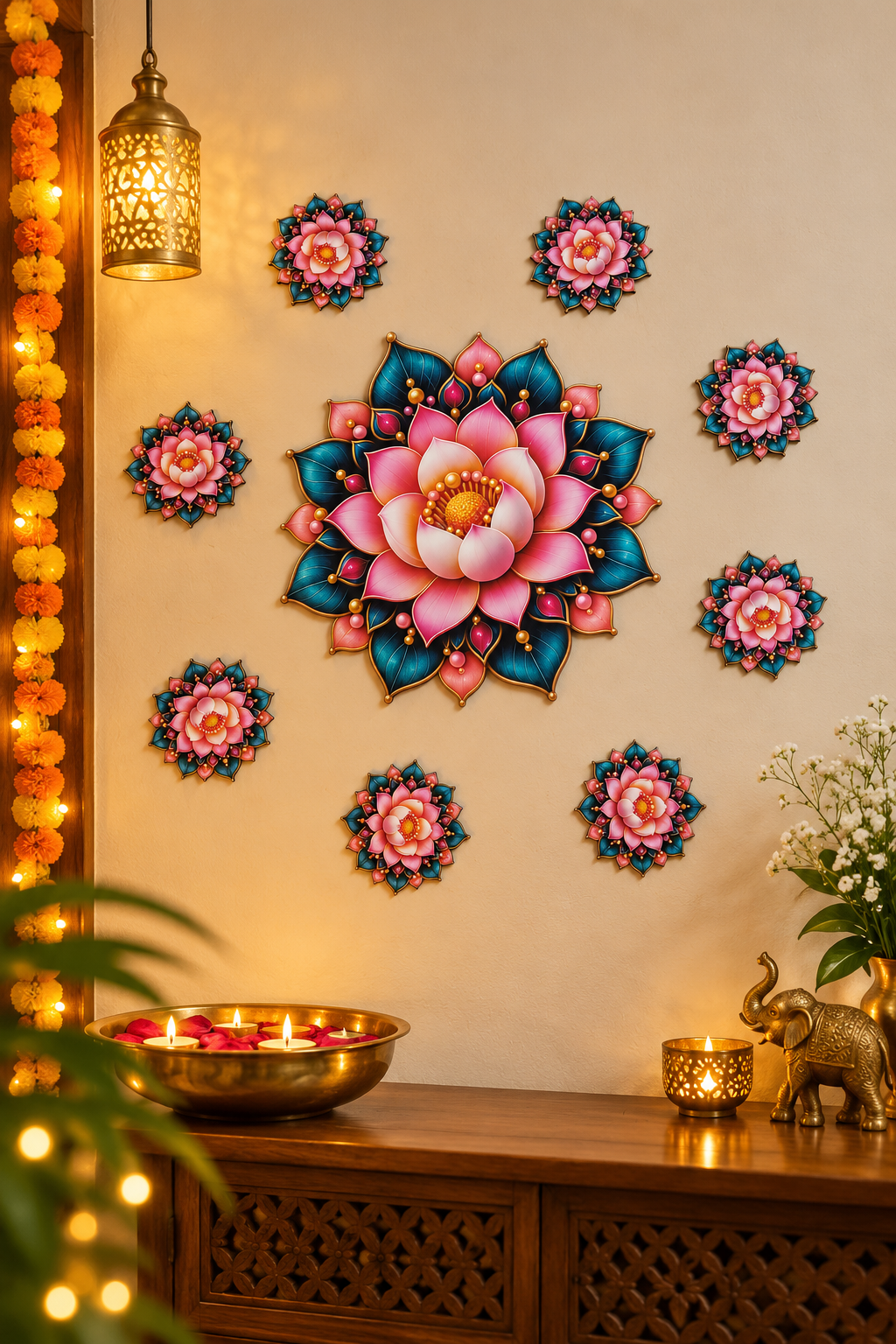 Pink lotus and teal leaf MDF rangoli wall decor; diyas and accessories not included
