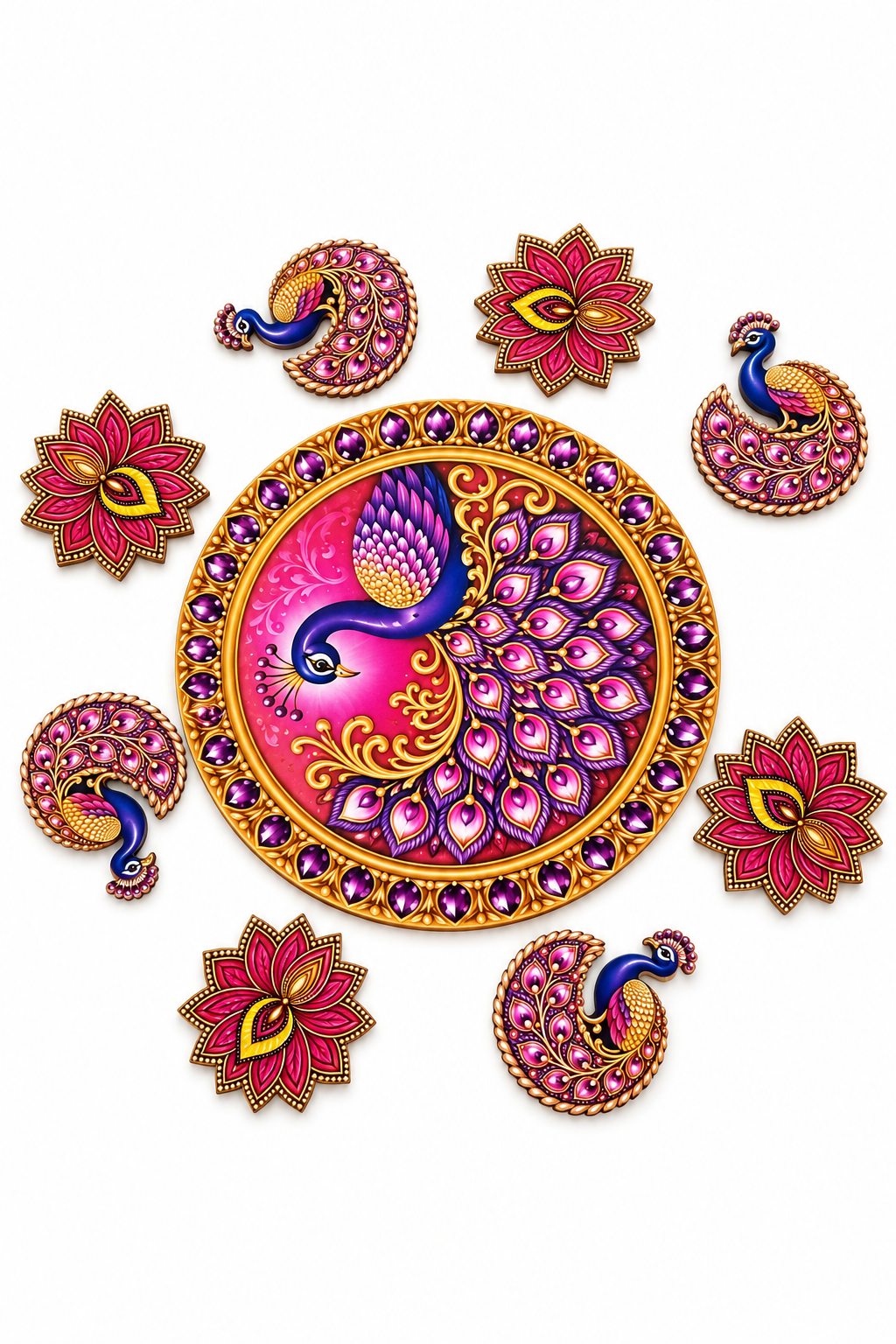 Pink and purple peacock MDF rangoli complete set; diyas and accessories not included