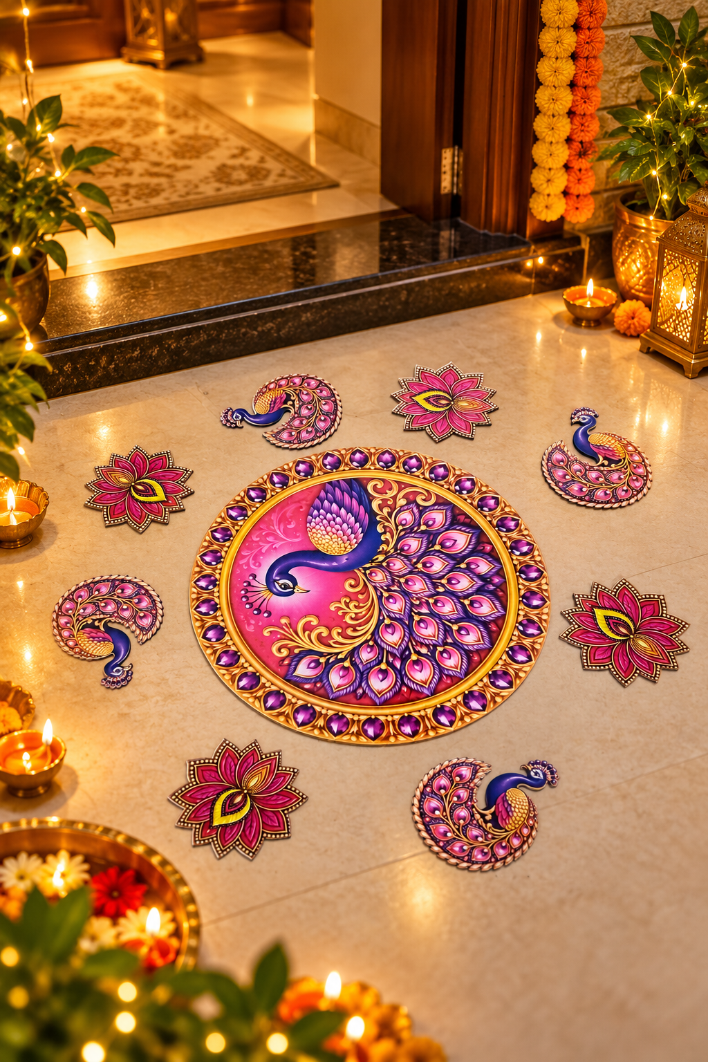Pink and purple peacock MDF rangoli entrance; diyas and accessories not included