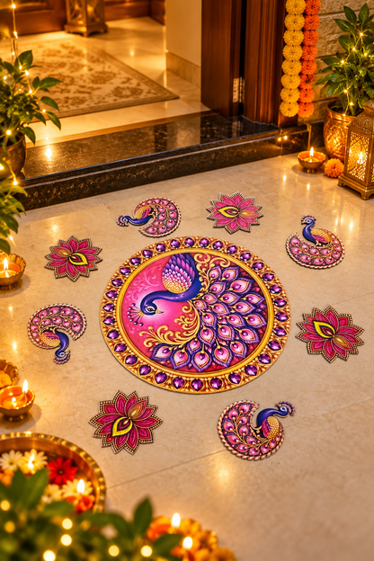 Pink and purple peacock MDF rangoli entrance; diyas and accessories not included