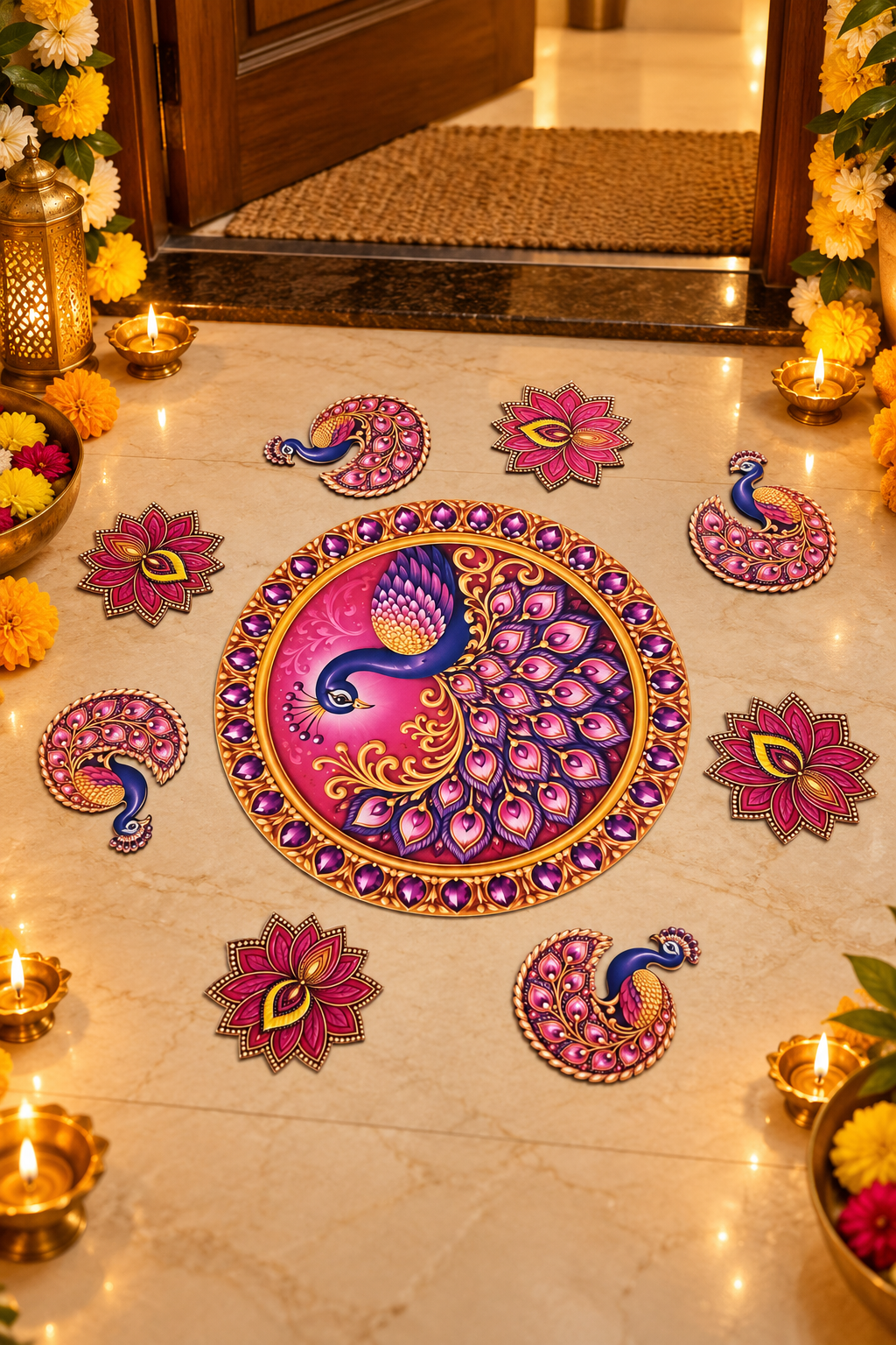 Pink and purple peacock MDF rangoli floor decor; diyas and accessories not included