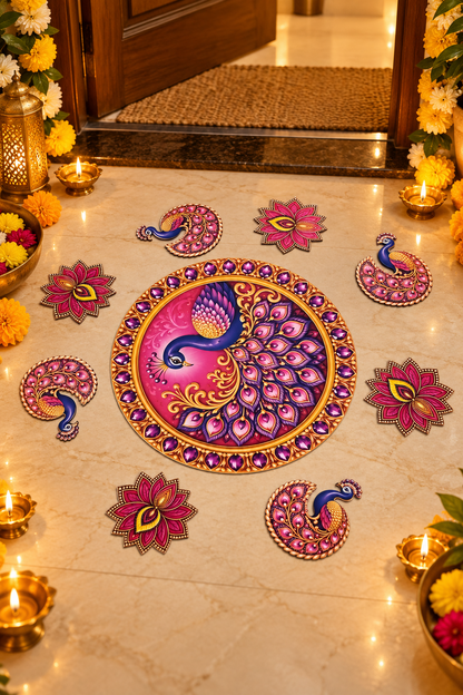 Pink and purple peacock MDF rangoli floor decor; diyas and accessories not included