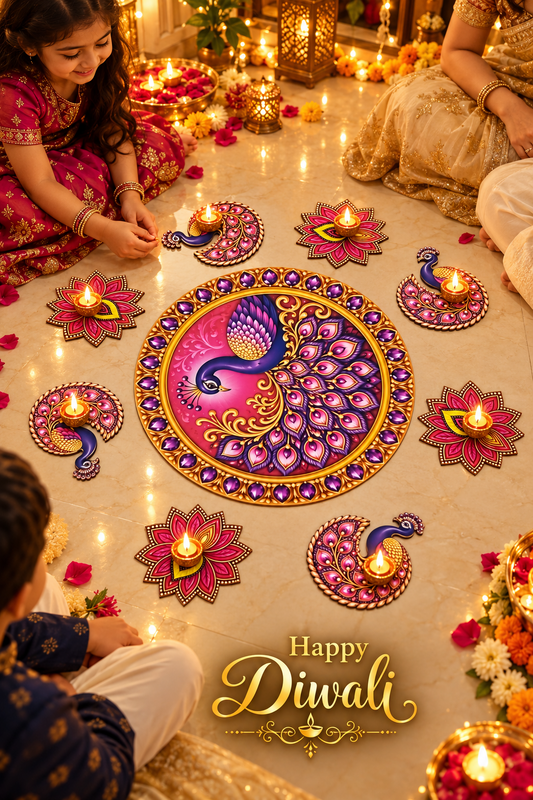 Pink and purple peacock MDF rangoli happy diwali; diyas and accessories not included