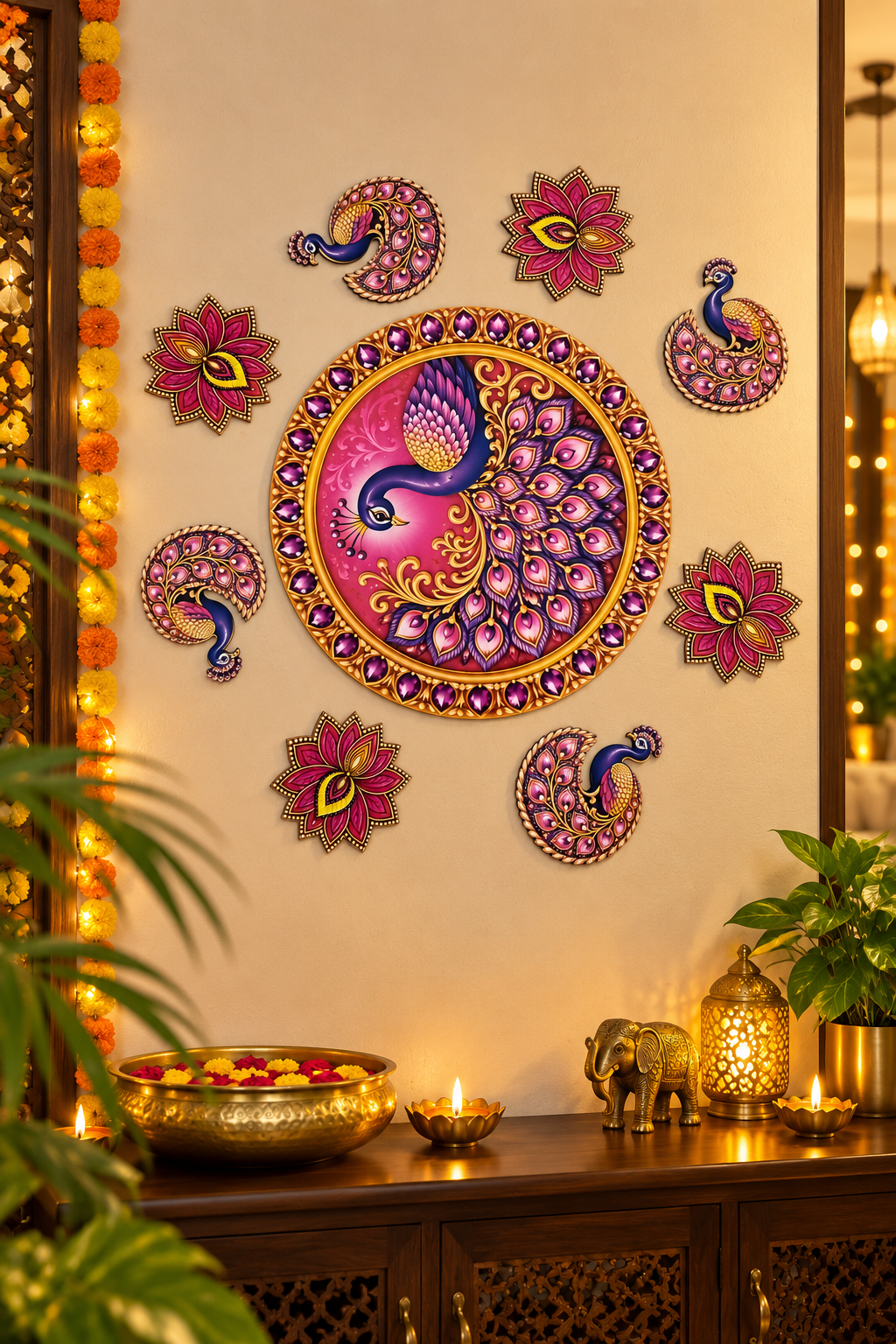 Pink and purple peacock MDF rangoli wall decor; diyas and accessories not included