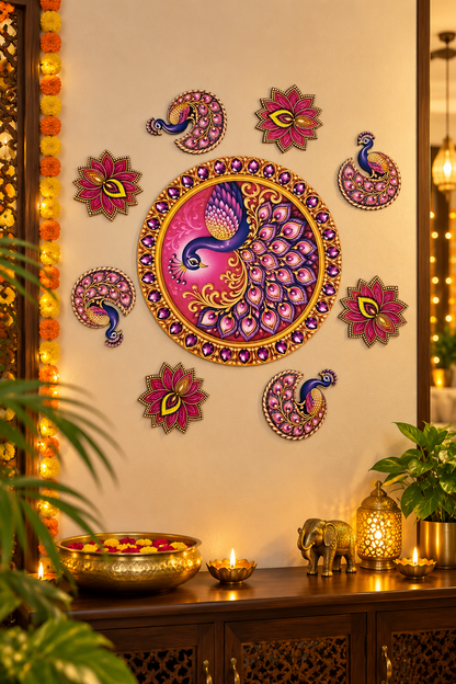 Pink and purple peacock MDF rangoli wall decor; diyas and accessories not included