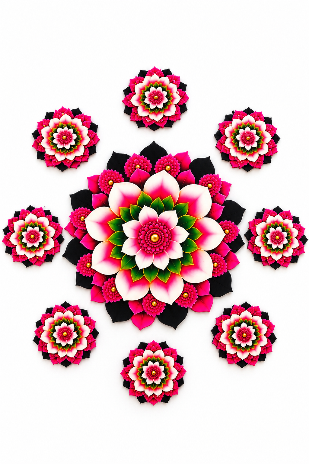 Pink and white floral mandala MDF rangoli set with one large centrepiece and eight small floral motifs