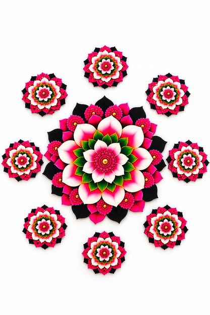 Pink and white floral mandala MDF rangoli set with one large centrepiece and eight small floral motifs