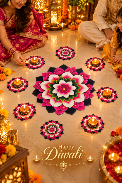 Pink and white floral mandala MDF rangoli with one centrepiece and eight small flowers; diyas and accessories not included