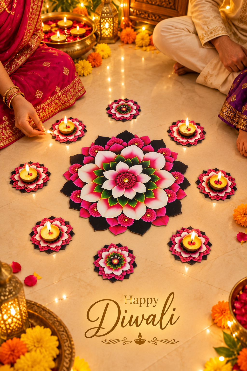 Pink and white floral mandala MDF rangoli with one centrepiece and eight small flowers; diyas and accessories not included