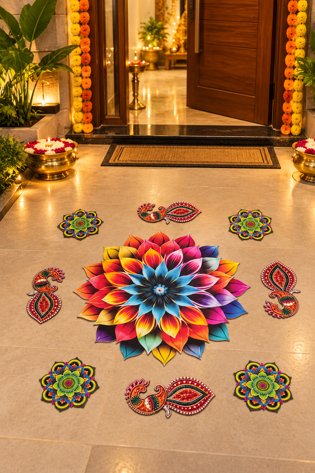 Rainbow flower and peacock 9-piece MDF rangoli set, entrance; diyas and styling accessories not included