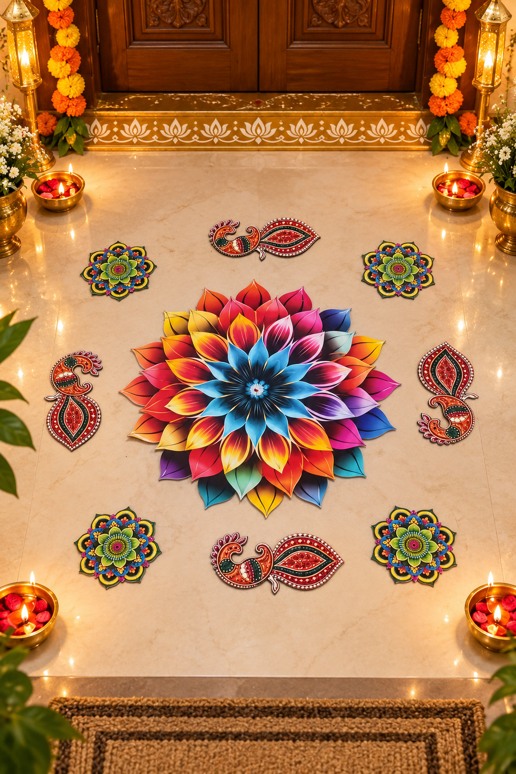 Rainbow flower and peacock 9-piece MDF rangoli set, floor; diyas and styling accessories not included