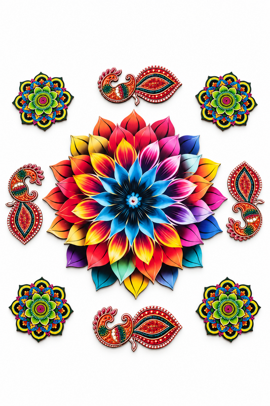 Rainbow flower and peacock 9-piece MDF rangoli set, full-set; diyas and styling accessories not included