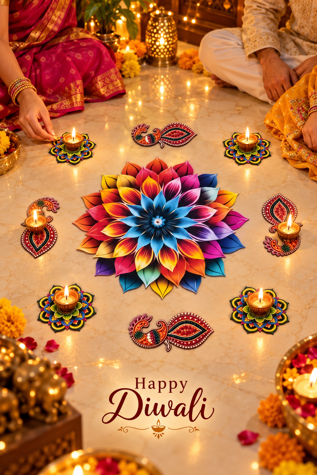 Rainbow flower and peacock 9-piece MDF rangoli set, happy-diwali; diyas and styling accessories not included