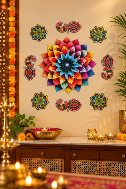 Rainbow flower and peacock 9-piece MDF rangoli set, wall; diyas and styling accessories not included