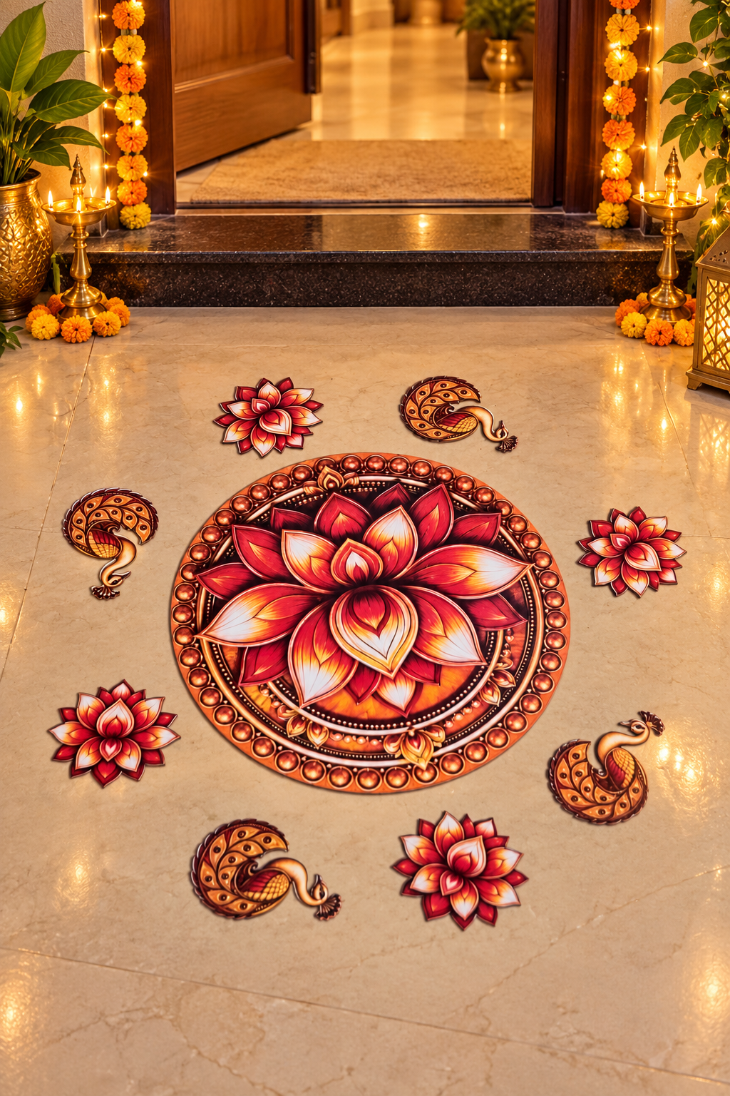 Red and gold lotus and peacock 9-piece MDF rangoli set - entrance; diyas and accessories not included