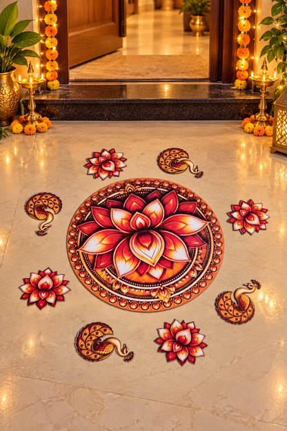 Red and gold lotus and peacock 9-piece MDF rangoli set - entrance; diyas and accessories not included