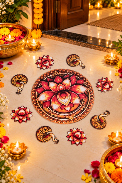 Red and gold lotus and peacock 9-piece MDF rangoli set - floor-decor; diyas and accessories not included