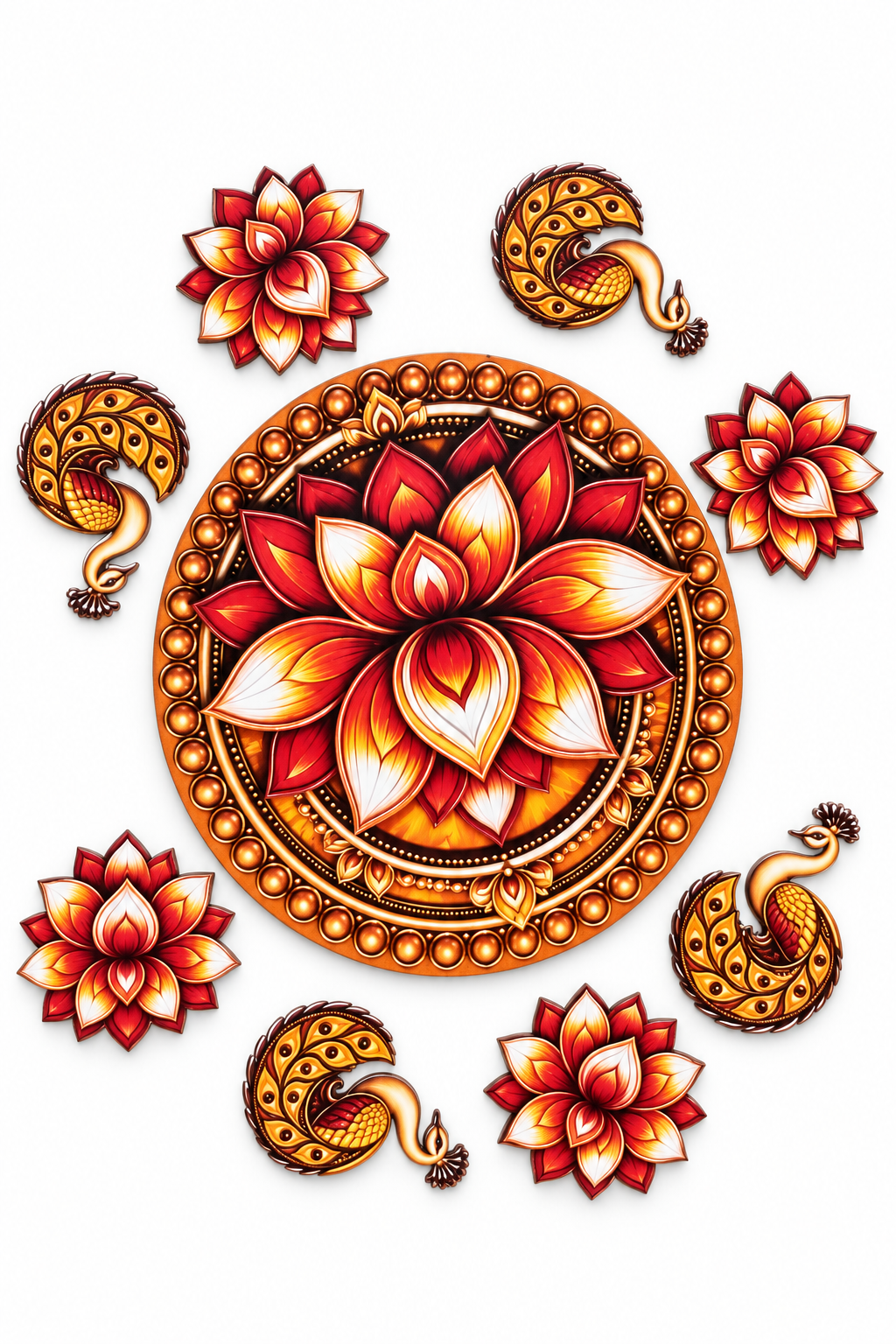 Red and gold lotus and peacock 9-piece MDF rangoli set - full-set; diyas and accessories not included
