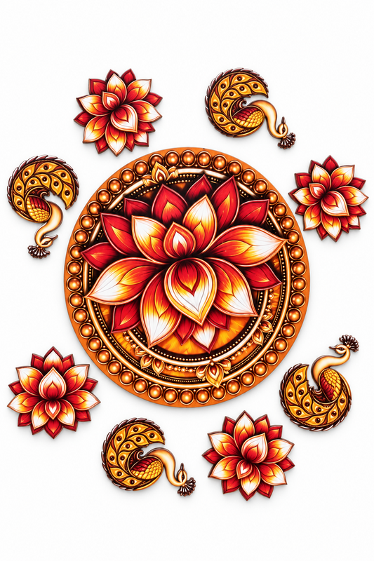 Red and gold lotus and peacock 9-piece MDF rangoli set - full-set; diyas and accessories not included