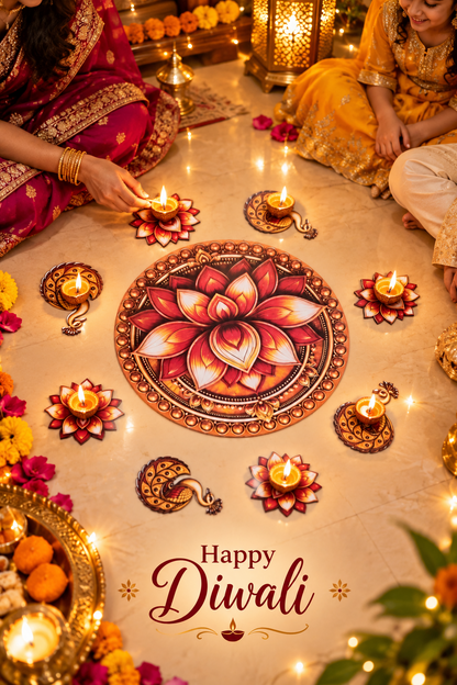 Red and gold lotus and peacock 9-piece MDF rangoli set - happy-diwali; diyas and accessories not included