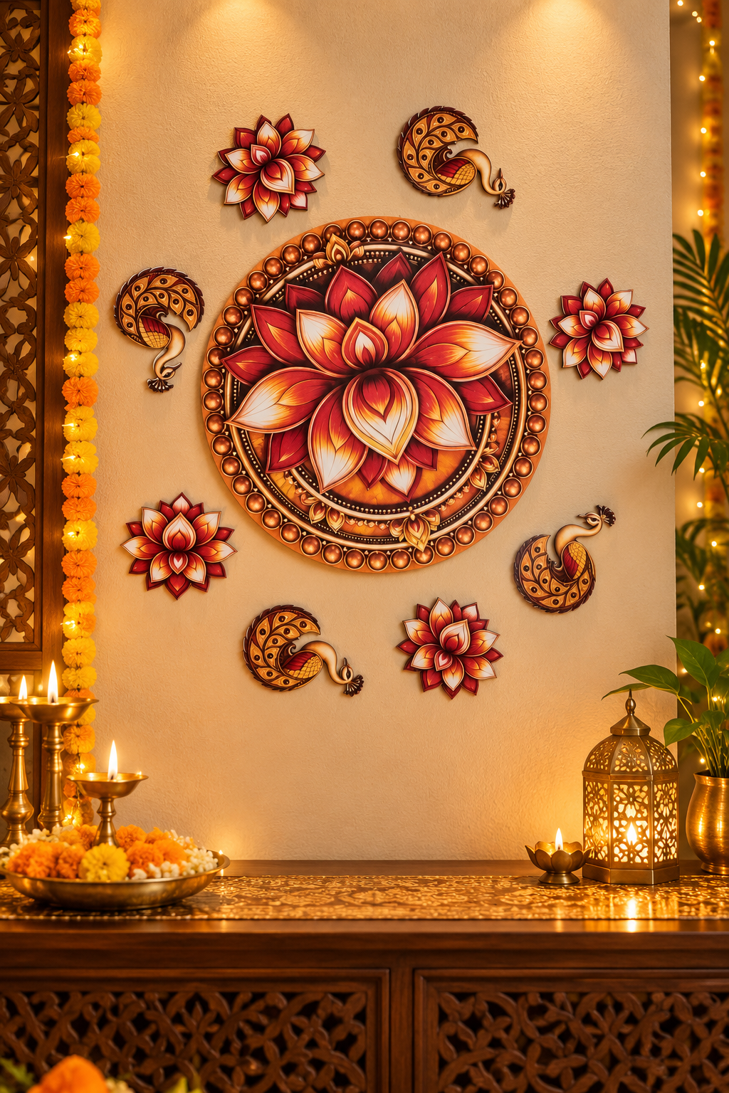 Red and gold lotus and peacock 9-piece MDF rangoli set - wall-decor; diyas and accessories not included