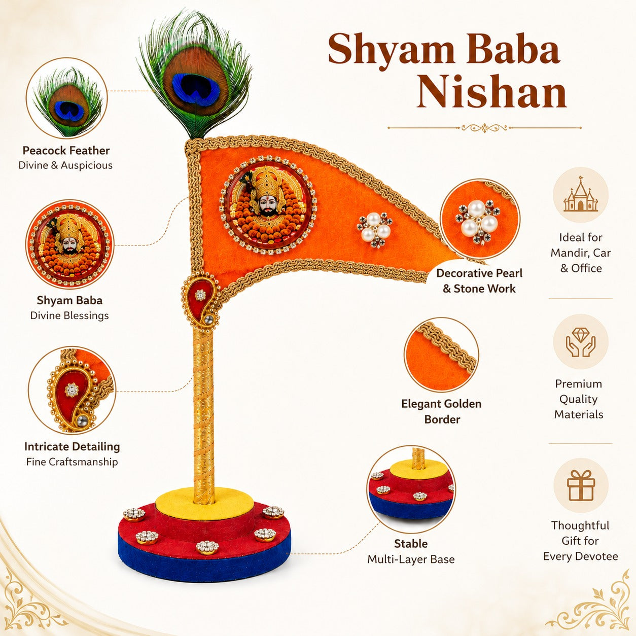 Handcrafted Saffron Dhwaj with Peacock Feather