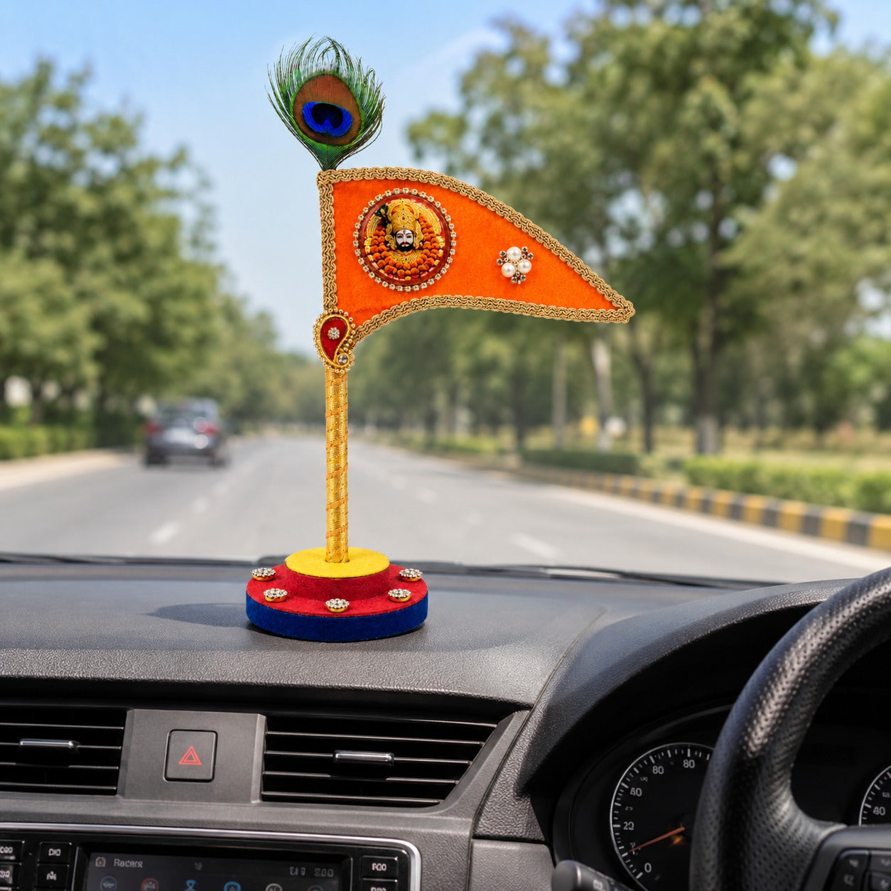 Handcrafted Saffron Dhwaj with Peacock Feather