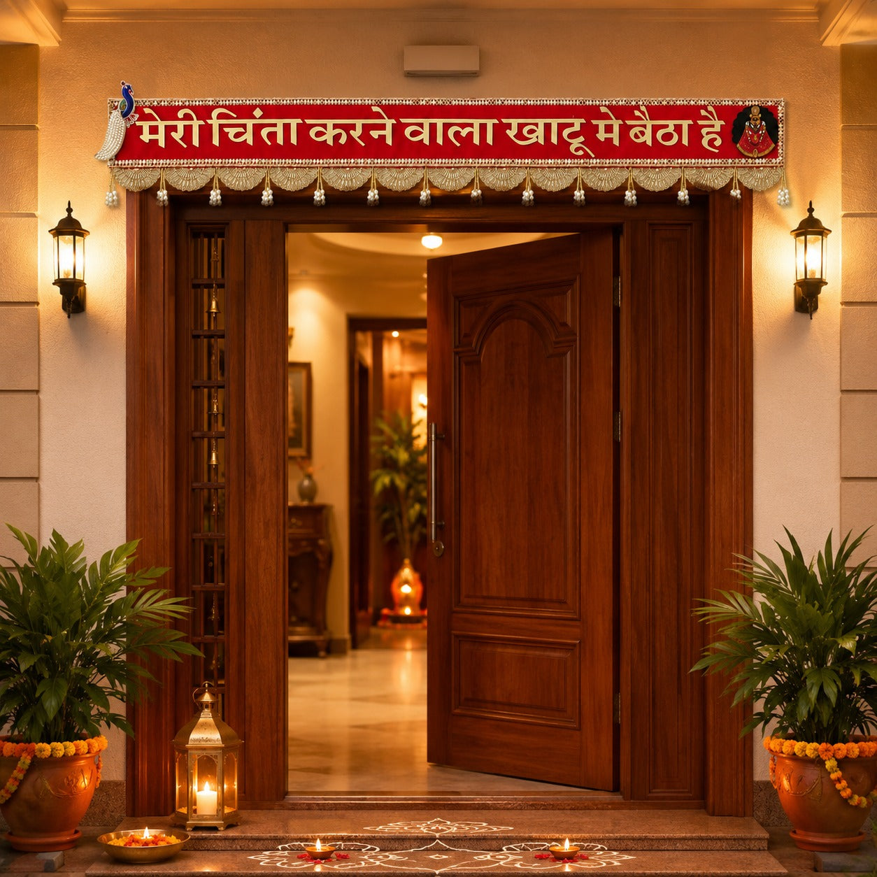 Khatu Shyam Ji Decorative Door Hanging Toran – Red Velvet Religious Wall/Door Decor