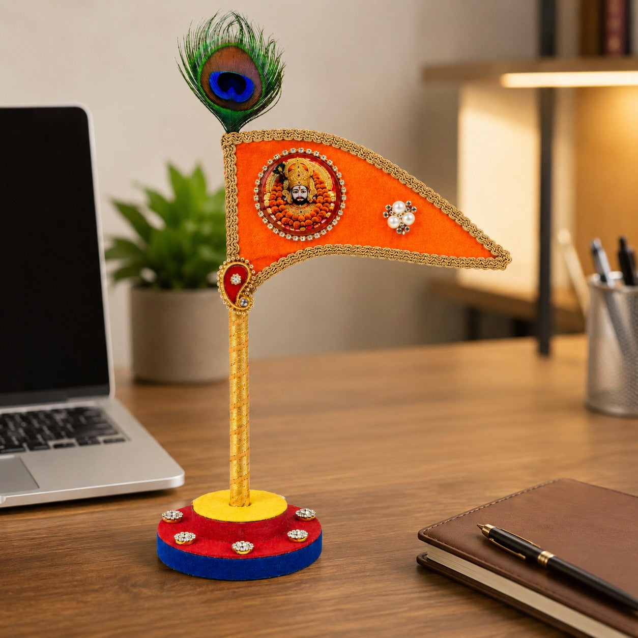Handcrafted Saffron Dhwaj with Peacock Feather