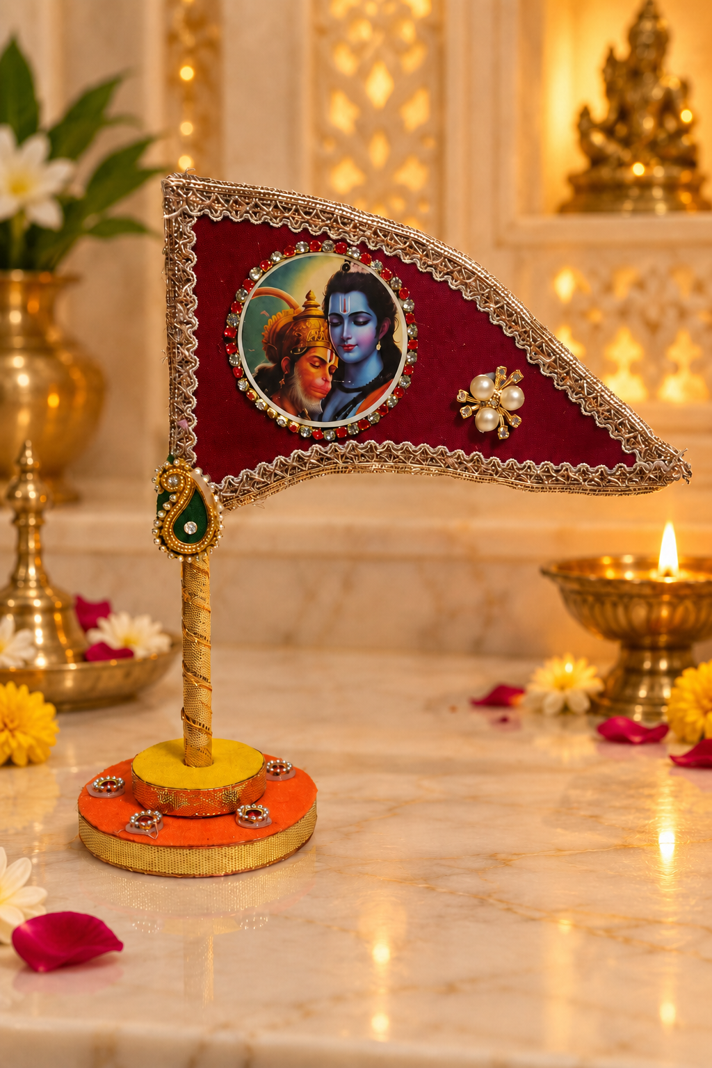 Shri Ram Hanuman maroon tabletop nishan size and multi-use details