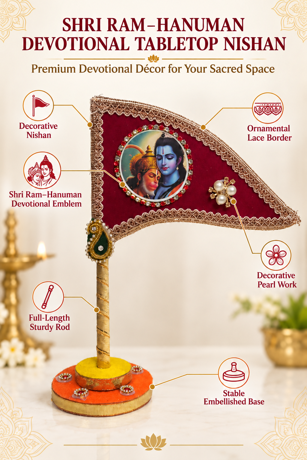 Shri Ram Hanuman maroon devotional tabletop nishan features